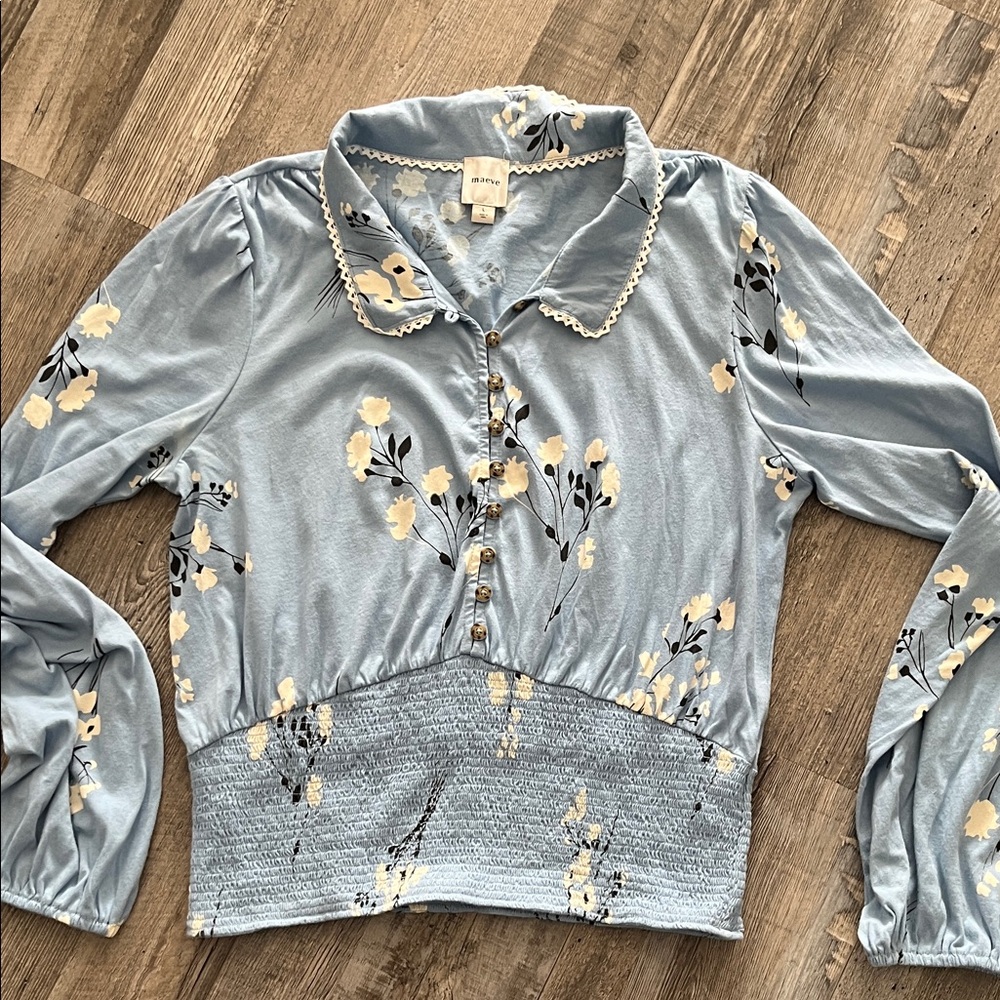Maeve Blue Floral Button-Front Smocked Hem Top